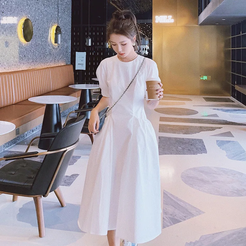 

Bubble sleeve white dress women's 2021 summer new French waist design mid length skirt