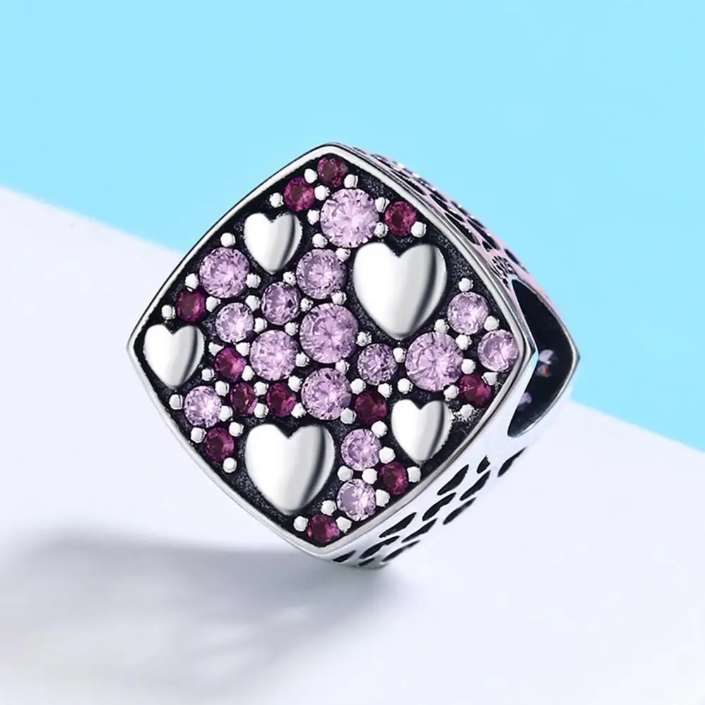 925 Sterling Silver Pink Crystal Heart Square Charm Beads fit DIY Bracelet Jewelry Girlfriend Gift For Friends SCC471 | Украшения и