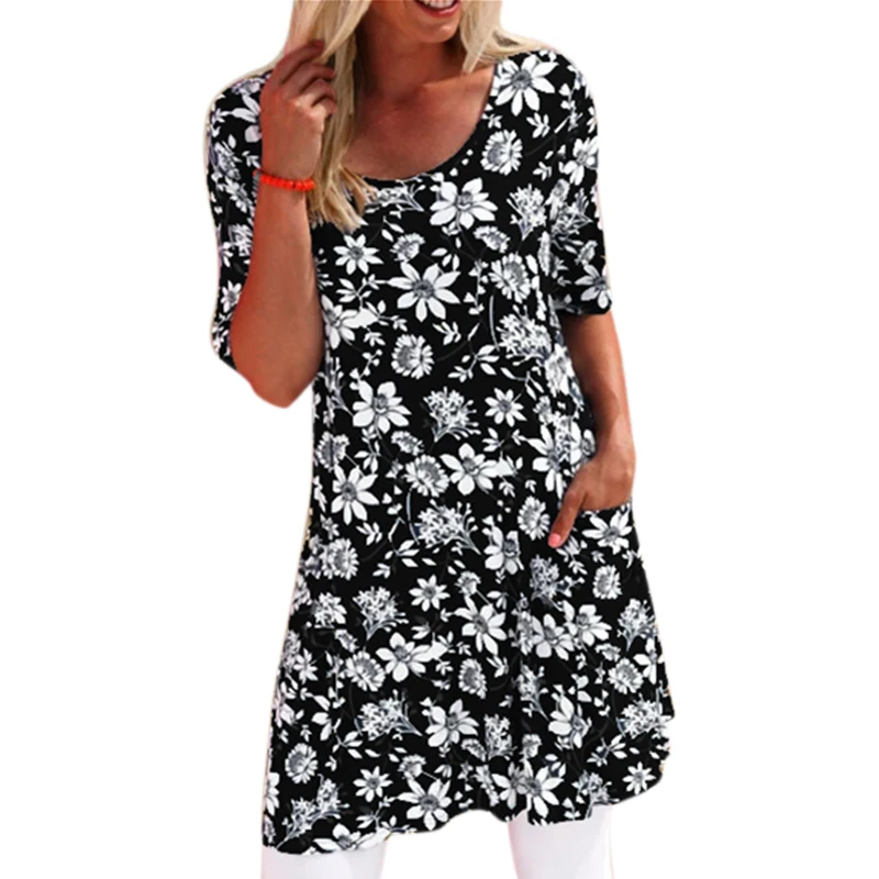 

VICABO Large Size Dress for Women Boho Style Woman Dress Fashion Floral Printed Mini Dress Short Sleeve Holiday Casual Vestidos
