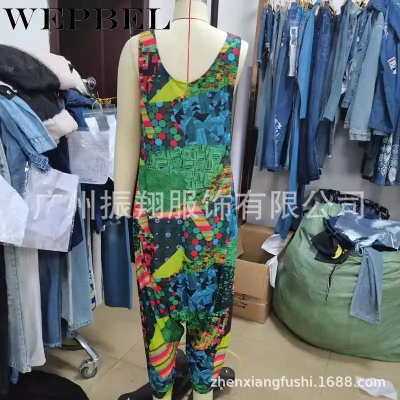 

WEPBEL Women Vintage Loose Jumpsuit Overalls Ladies Elegant Summer Sleeveless Print Romper Long Trouser Onesies