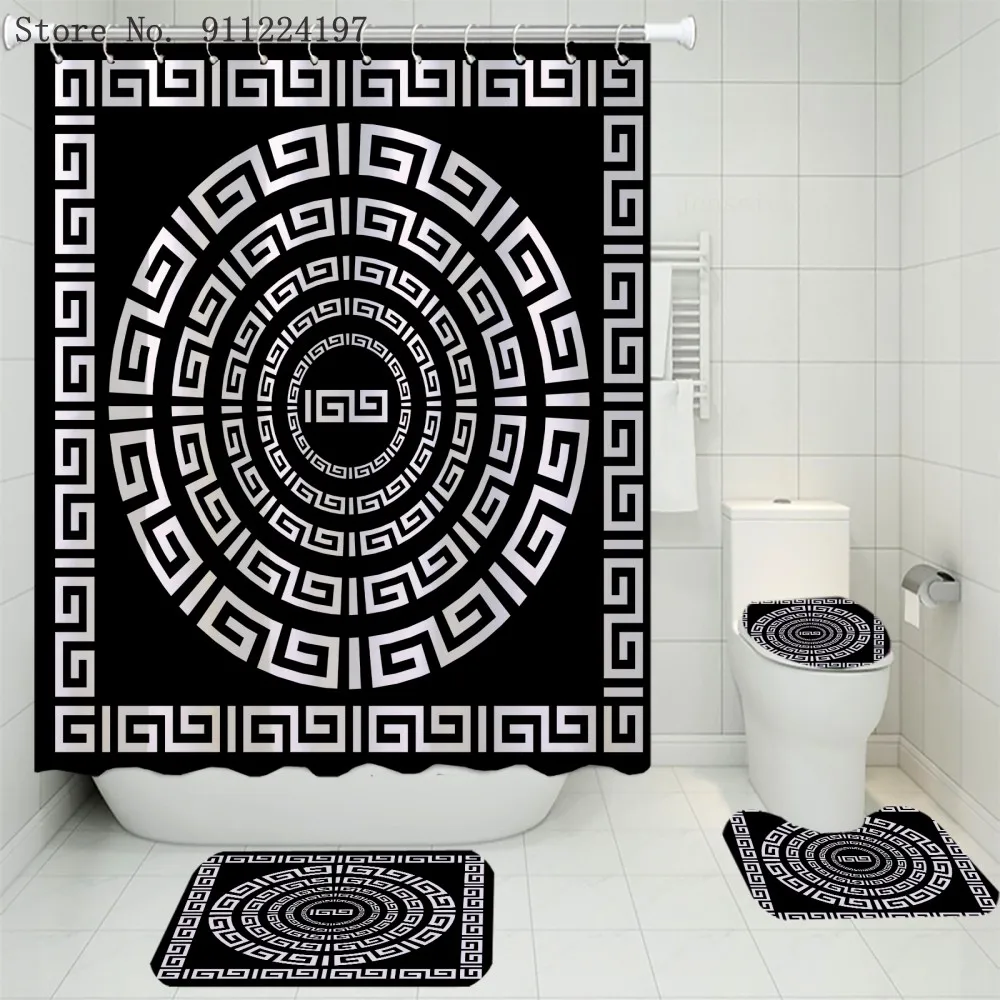 Fashion Black White Geometric Shower Curtain Set Elegant Personalised Bath Curtain For Bathroom Mats Rugs Bathtub Home Decor