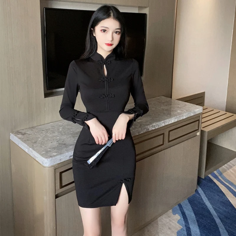 Женское мини-платье-Ципао Sungtin винтажное классическое элегантное тонкое черное