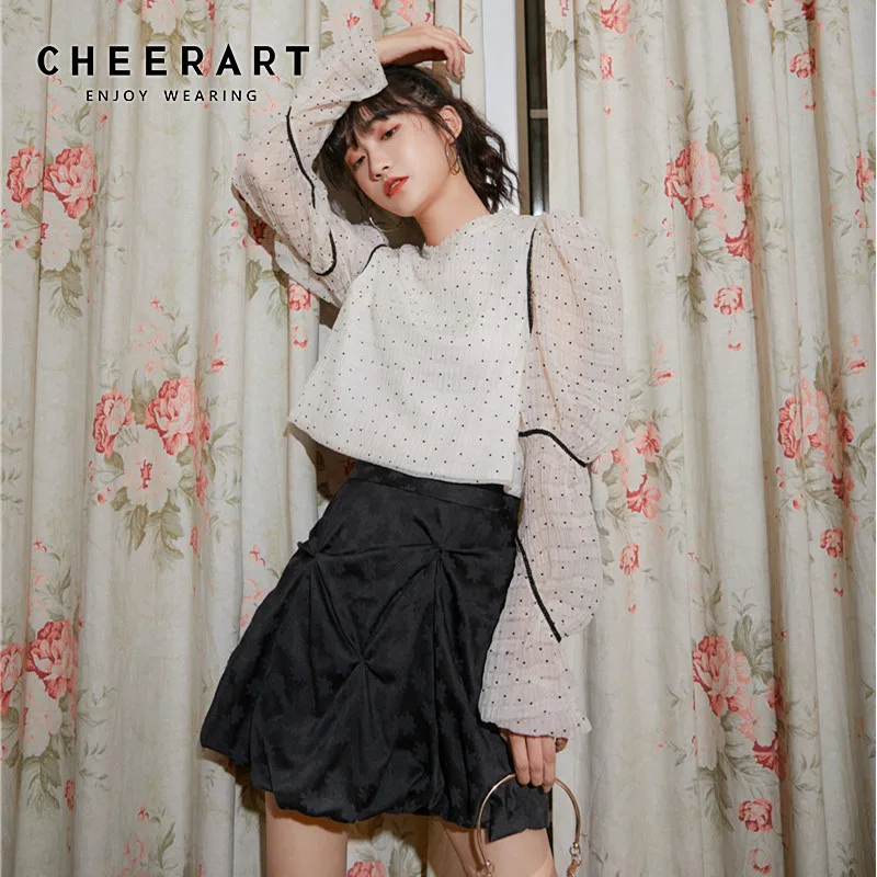 

CHEERART Designer White Puff Sleeve Long Sleeve Blouse Women Summer Top Polka Dot Blouse Ladies Korean Fashion Clothing