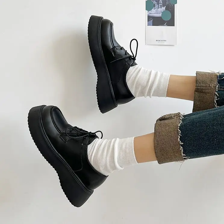 

Туфли на платформе с большим носком, увеличивающие рост, толстая подошва, кожаные туфли в японском ретро стиле для девушек, в стиле Мэри Джей...