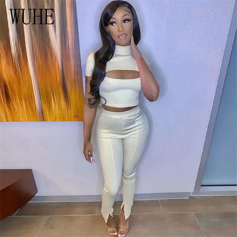 

WUHE Casual Streetwear Party 2 Pieces Suit Turtleneck Hollow Out Short Sleeve Top and Skinny Split Pencil Pants Women Outfits