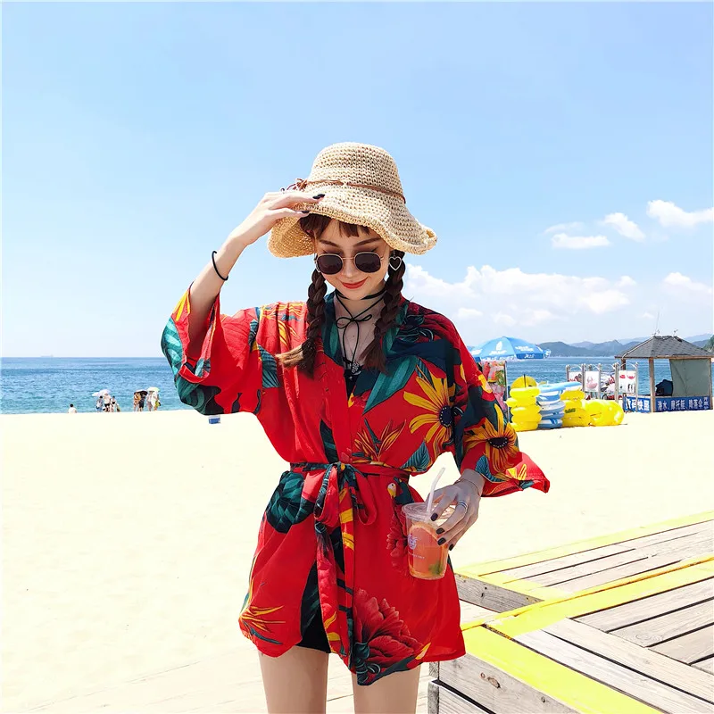 Japanese INS Style Sunblocking Kimono Haori Yukata Robe Women Cardigan Flower Print Retro Traditonal Beach Costume | Тематическая