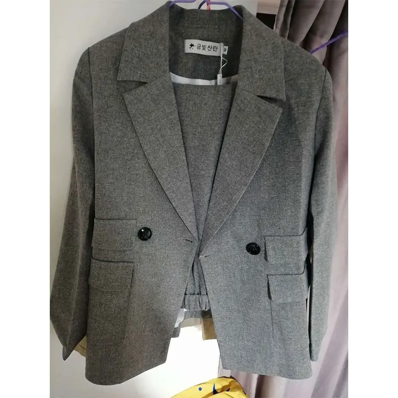 

Women's Suits 2021 Autumn New Women's Temperament Double-breasted Pink Large Size Suit Jacket Casual Feet Pants Set Two-piece