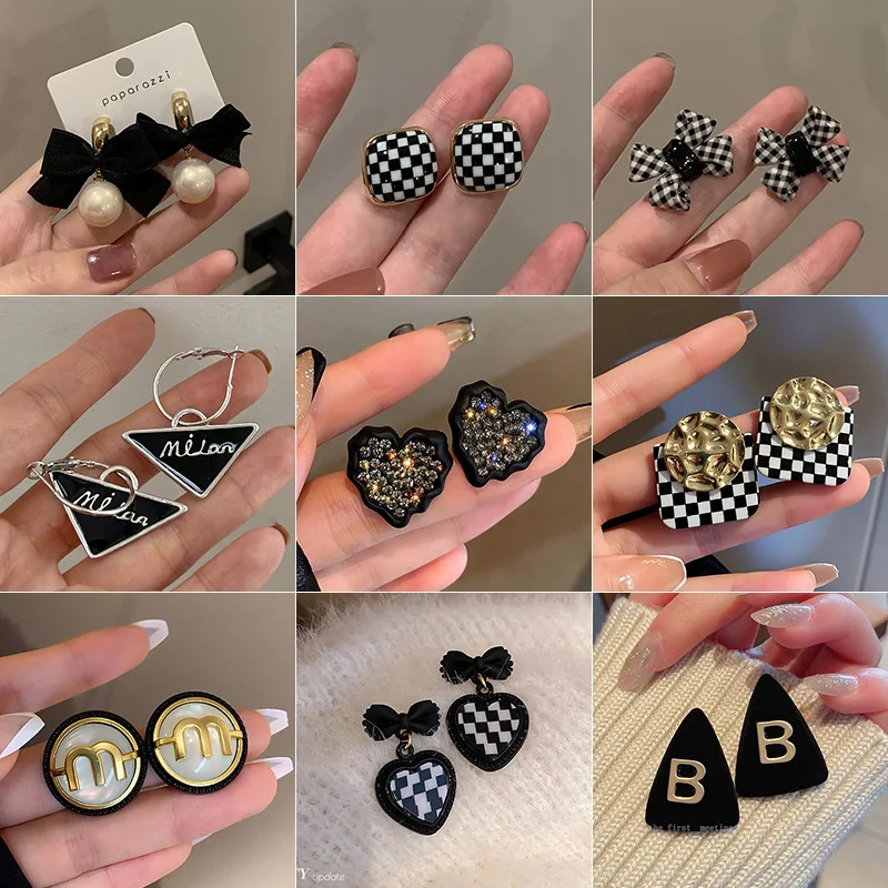 

Kawaii Plaid Bow Knot Heart Drop Earrings For Women Girls Geometric Rhinestone Dangle Earrings New Design Jewelry Wholesale Gift