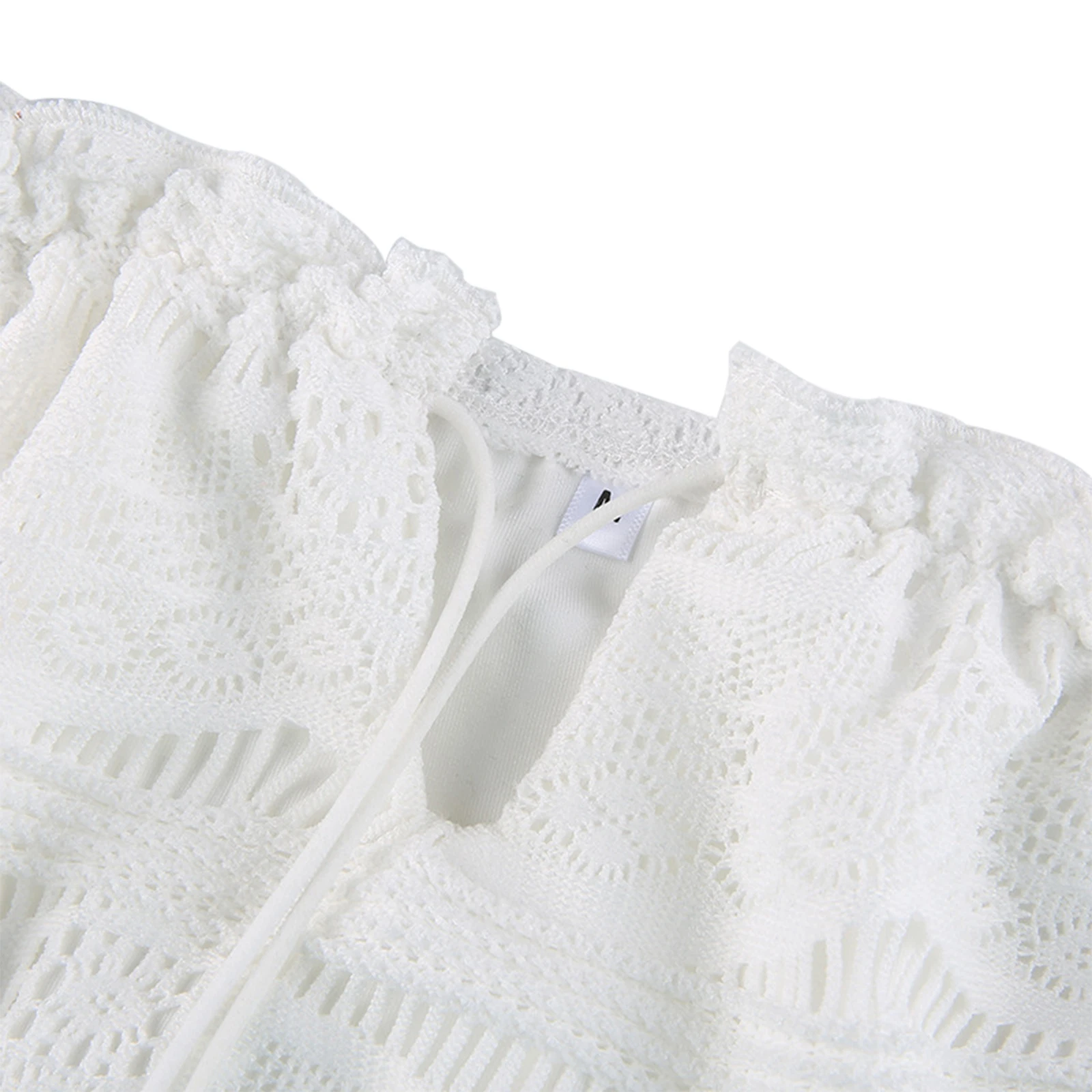 

Women Tie Up Lace Crop Tops, Casual Short Puff Sleeve Solid Color Lace Slim Fit T-Shirts Summer 2021