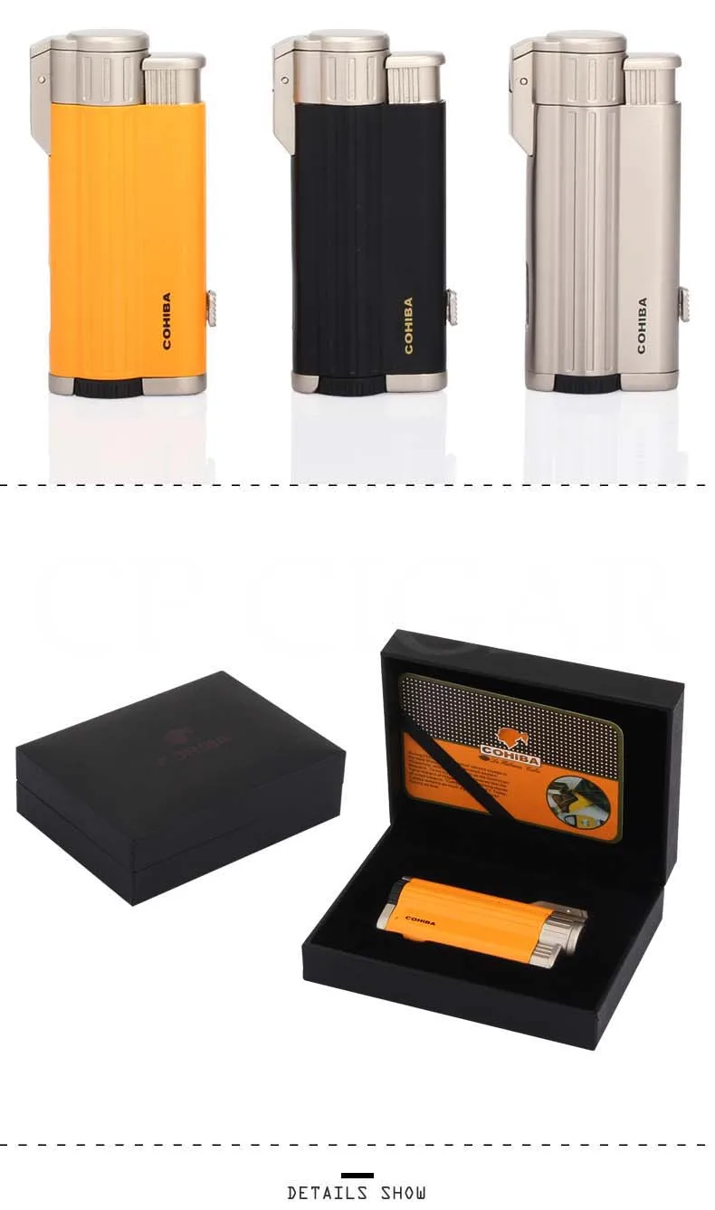 COHIBA карманные зажигалки для сигар 3 струйный фонарь ветрозащитная зажигалка бутан металлическая портативная Зажигалка для прикуривателя многоразовая W/Подарочная коробка