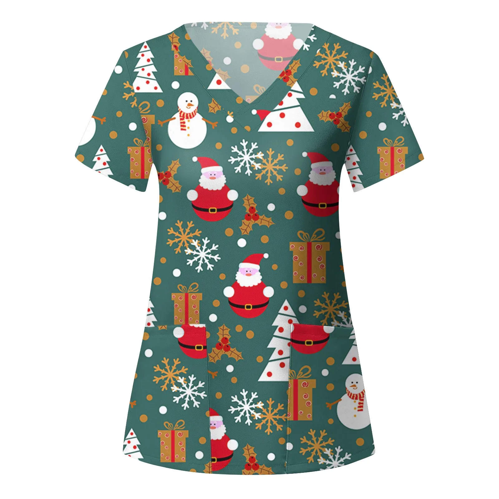 Christmas print V-neck short sleeves nurse Scrub Tops snowman Shirt Short Sleeve T-shirt Doctor beauty salon uniform |