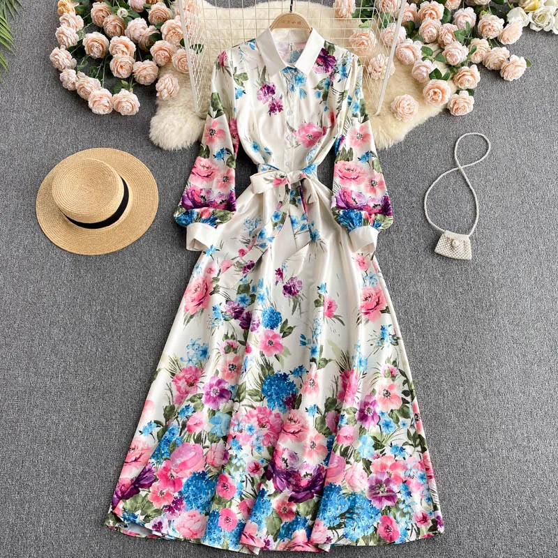 

Women Fashion Print Long-sleeve Shirt Collar A-line Long Dress Korean Harajuku Elegant Clothes Vintage Vestidos De Mujer T285