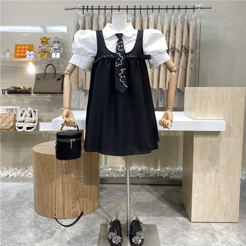 

Niche Design Black Dress Sleeveless With Diamond-studded Straps + Preppy White Shirt With Bubble Sleeves And Lapel With Tie Suit