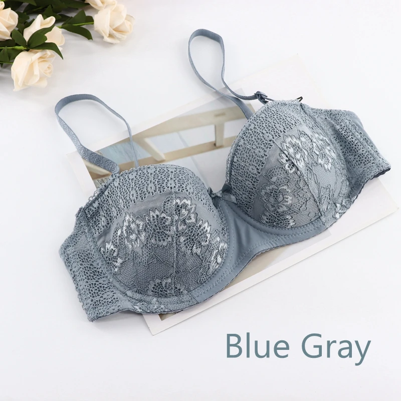 Blue gray Plusgalpret, сексуальные бюстгальтеры пуш-ап, кружевные, для женщин, ДЕМИ, бюстгальтер, синий, черный, бежевый, без косточек, A, B, C, D, чашка 34, 36, 38, 40 - Цвет: Blue gray