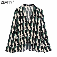 zevity new women vintage geometric flowing print casual asymmetric blouse female breasted shirts chic chemise blusas tops ls9646