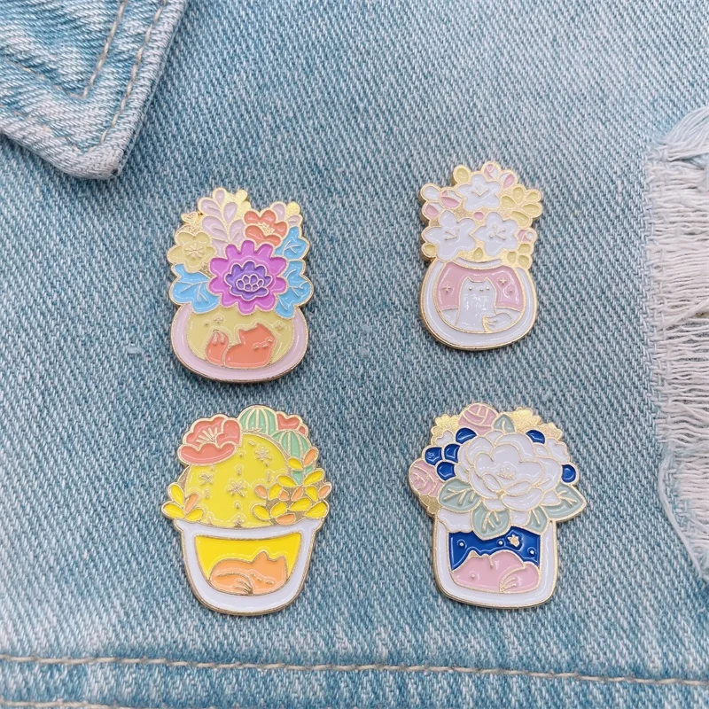 Эмалированные заколки с милыми растениями в горшке и из мультфильма розовые