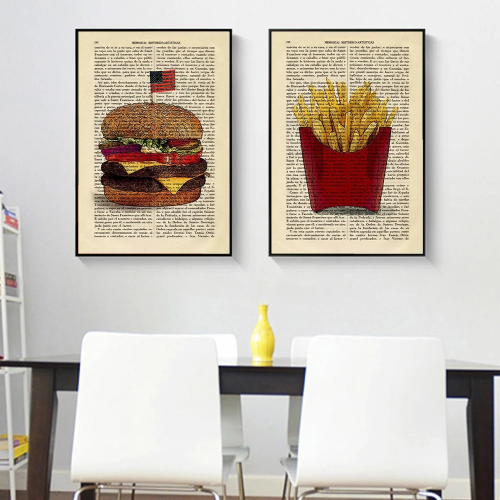 

American Burger French Fries Art Print Vintage Kitchen Posters Dorm Room Prints Gift Wall Decor Poster Dictionary Restaurant