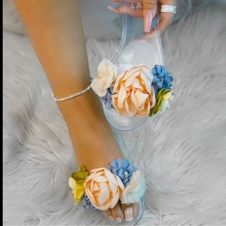 

New Summer Transparent Flowers Slides Women Slippers Clear Sandals Beach Shoes Woman Slides Flats Outside Casual Home Shoe 35-43