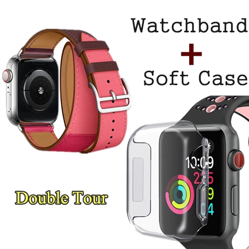Herm логотип на застежке Свифт кожаный двойной один тур часы ремешок для Apple Watch серии 5 4 3 44 мм 40 мм браслет для iWatch - Цвет ремешка: Bordeaux Rose