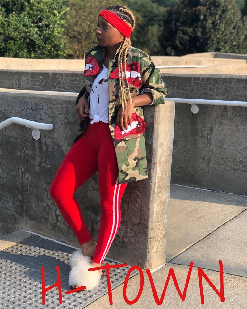 Осенне-зимняя камуфляжная куртка с блестками и губами Женское пальто высоким