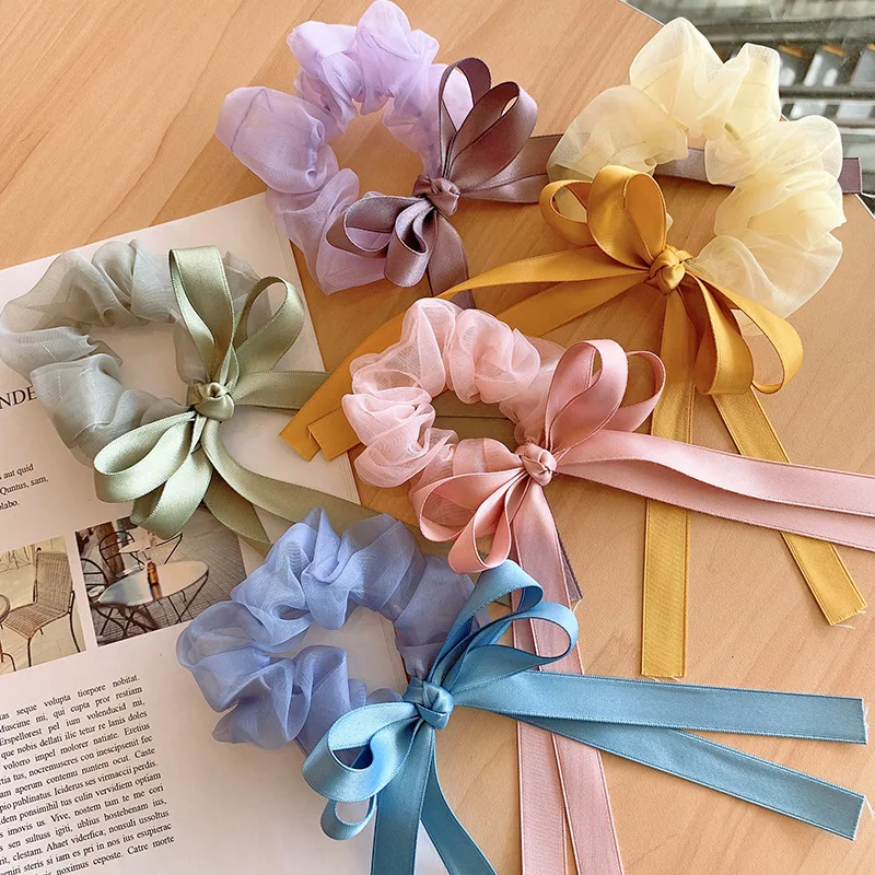 

Korean Sweet Net Yarn Hair Ring Baby Bowknot Ribbon Tassel Hairband Scrunchie Stretch Hair Bands Retro French Girls Ponytail Tie