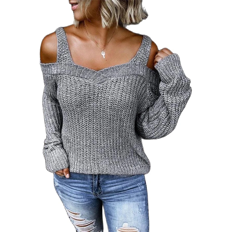 

Женские свитера, сексуальные, с открытыми плечами, однотонные, вязаные свитера, повседневные, с длинным рукавом, Осень-зима, вязаный Свободн...