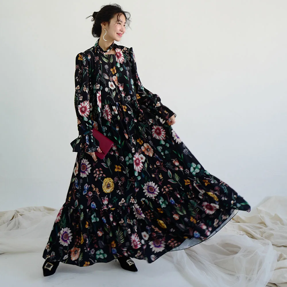 Женское платье с цветочным принтом Boho винтажное черное элегантное макси длинным
