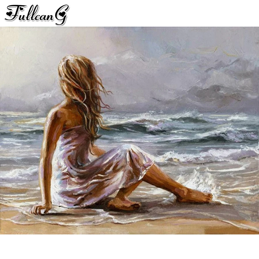 

FULLCANG Abstract girl by the sea 5d diy diamond painting cross stitch full square round drill rhinestone embroidery kits FG0034