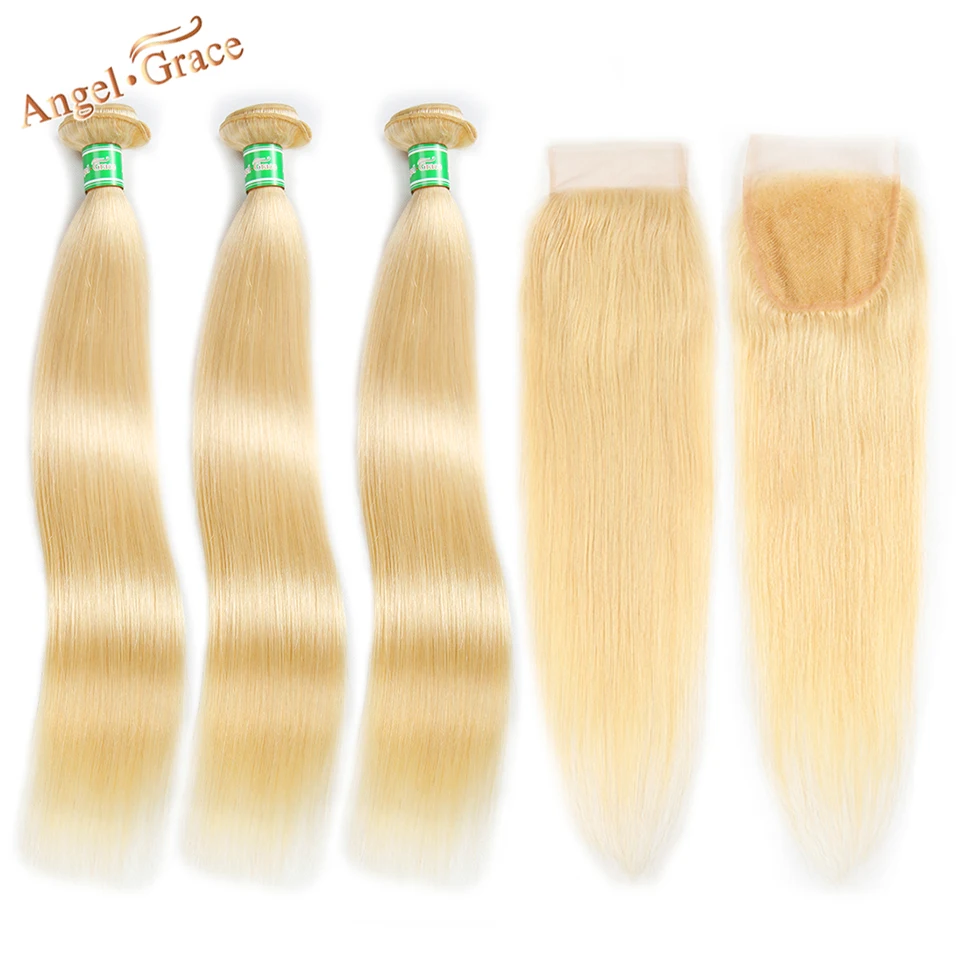 

Peruvian Hair 613 Blonde Straight Hair 3 Bundles With Closure Angel Grace Hair 100% Human Hair Extensions Remy 100G/ PCS
