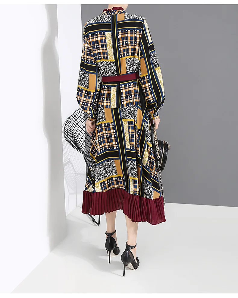 [EAM] Women Pattern Print Pleated Hit Color Dress New Stand Neck Long Sleeve Loose Fit Fashion Tide Spring Autumn 1A884