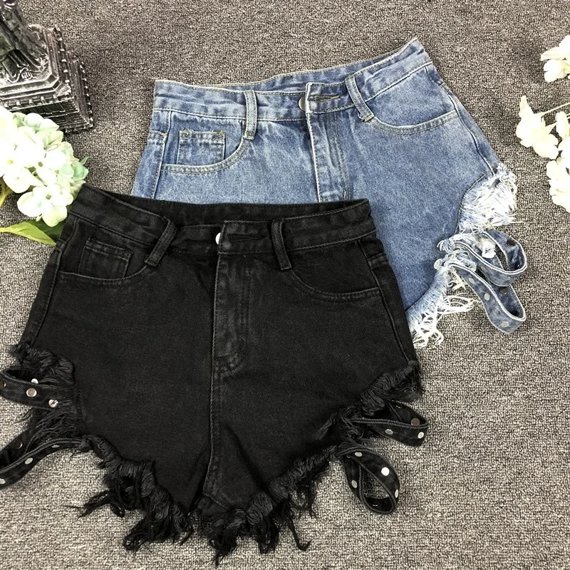 Женские джинсовые шорты с бахромой черные или синие в стиле Харадзюку весна 2019 |