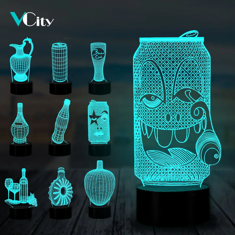 VCity банки 3D лампа пивная бутылка бокалы для красного вина ночное освещение