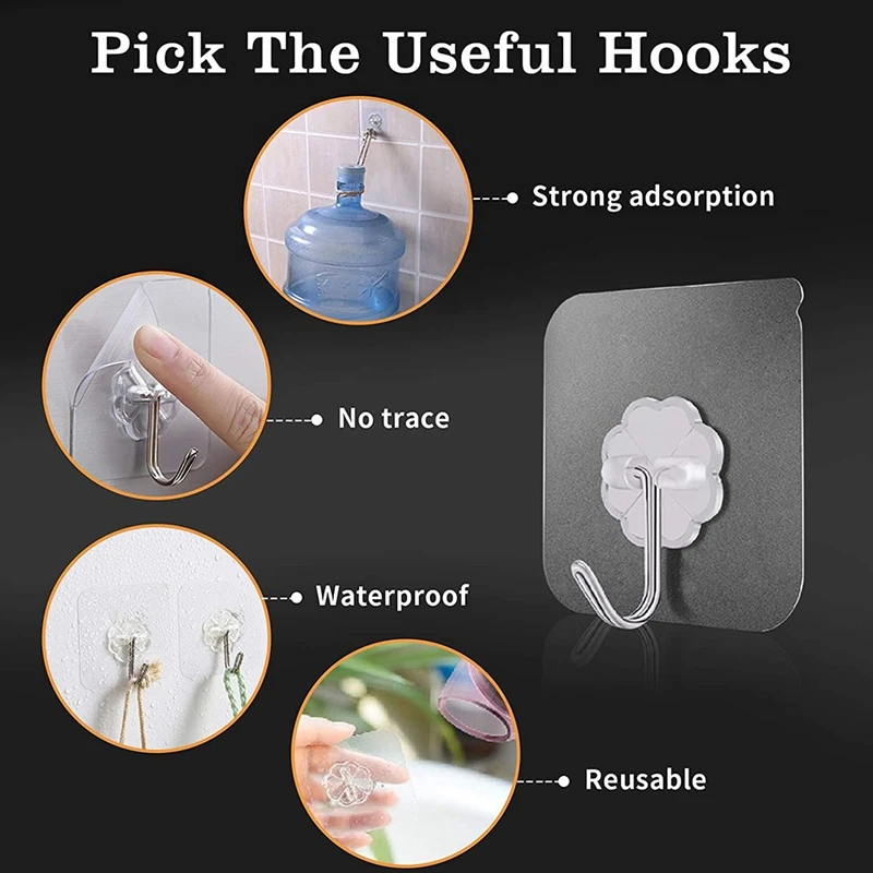 

100Pcs Wall Hook,Storage Rack Kitchen Without Nails Transparent Strong Sticky Heavy Adhesive Stainless Steel Wall Hooks