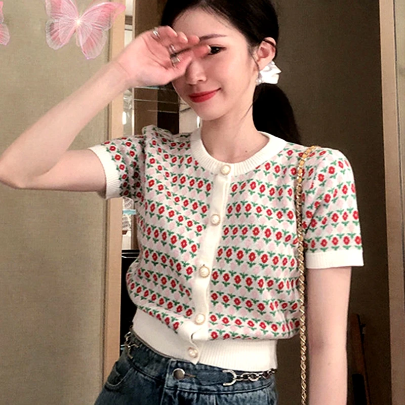 

Женские винтажные кардиганы, вязаные укороченные топы с цветочным принтом, футболки с круглым вырезом, укороченный корейский женский Повсе...