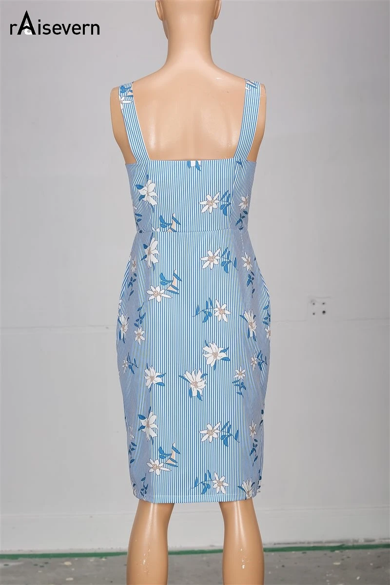 Raisevern Striped Printed Sling Long Split Dress Botton Fishtail 2019 Sweet High Waist Women Tight Sleeveless | Женская одежда