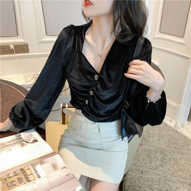 Women Blouse Gold Velvet Irregular Collar Short Lace Bottoming Shirt Slim Top Autumn Winter Female's Blouses Fashion Clothes