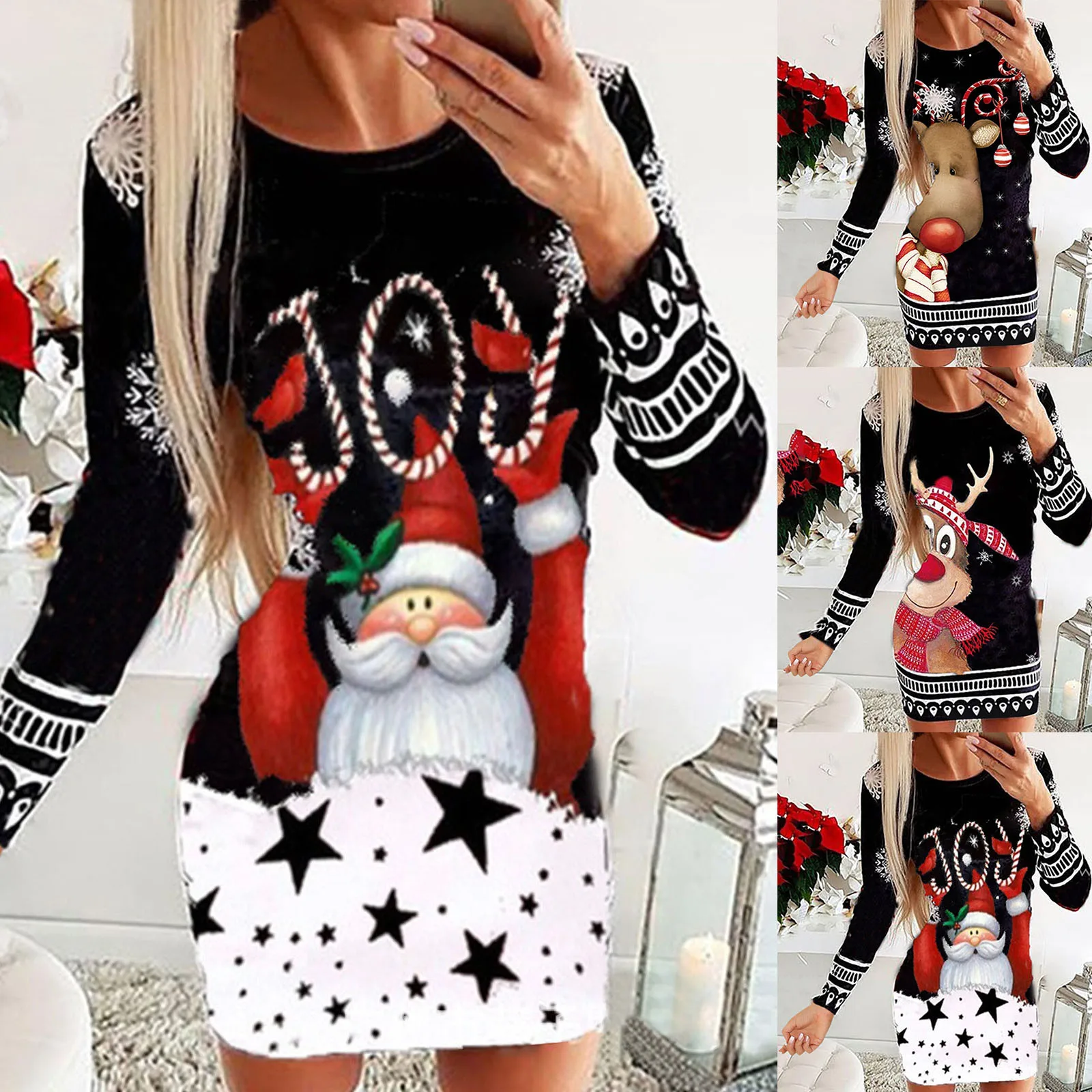 

2021 Women New Year Dress Christmas Sexy Snowflake Eik Xmas Party Dress Ladies Casual Loose Shirt Package Hip Mini Dress Vestido