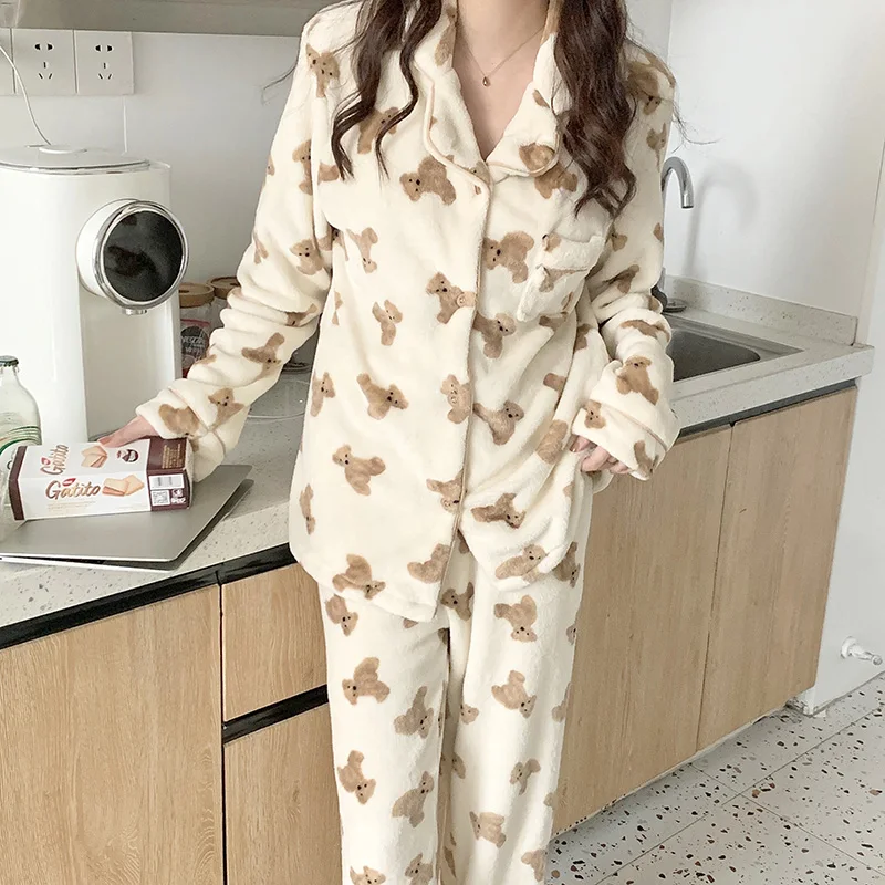 Couple Lovers Kawaii Bear Autumn Winter Pajamas Set Women Single Breasted Shirts + Trouser Set Two Piece Home Suit Sleepwear