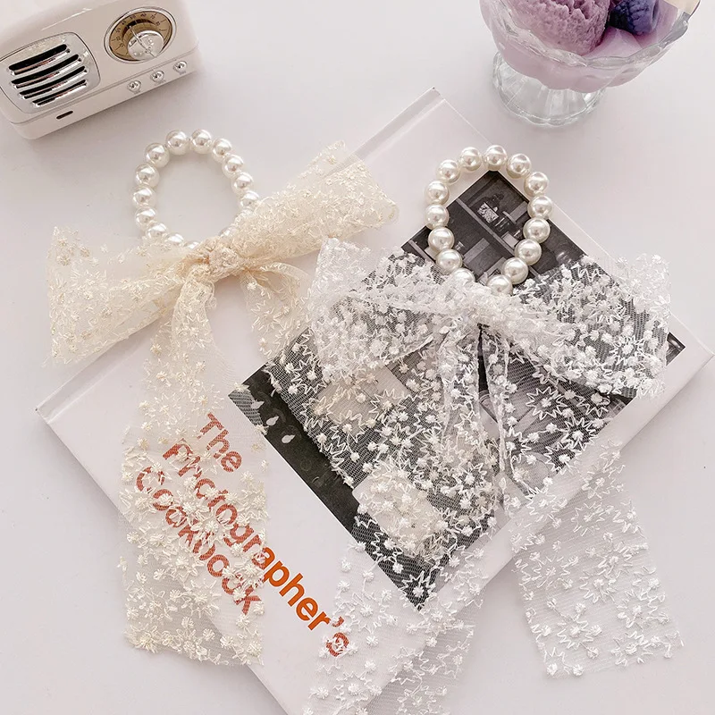 

Korea Pearl Bead Hair Scrunchies Ponytail Hair Tie Sweet Pearl Elastic Hair Bands Pearl Lace Bow Knot Hair Rope Hair Accessories