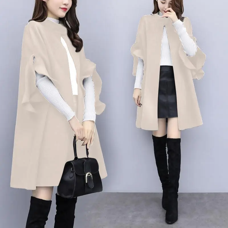 

Spring Autumn Women'slong Coat 2021 Fashion Wild Loose Street Style Stitching Tops Solid Color Long Sleeves Stand-up Collar