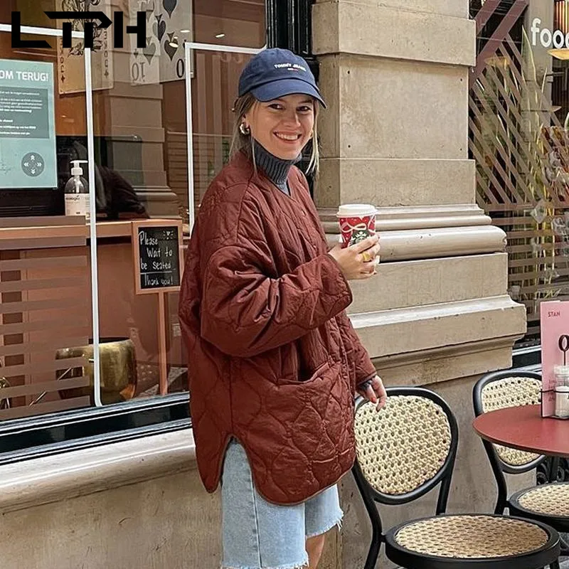 LTPH Brick red women parkas loose warm puffer jacket long sleeve single breasted vintage streetwear casual coat 2022 spring new