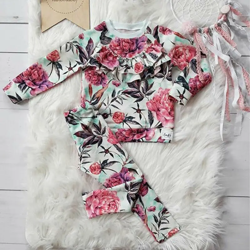 Топ с длинным рукавом и цветочным принтом для маленьких девочек|Комплекты одежды