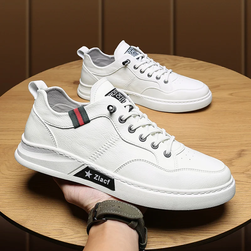 

Leather Men's Shoes Fashion Trend Little White Shoes Outdoor Design Casual Skateboard Shoes All-Match Lace-Up Men Sneakers