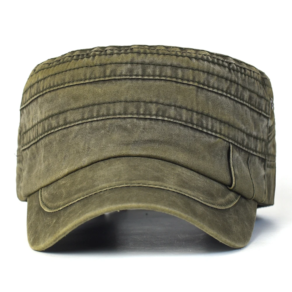 

Casual Washed Cotton Flat Top Hat Adjustable Military Caps Men Women Cadet Army Cap Unique Design Vintage Four Seasons