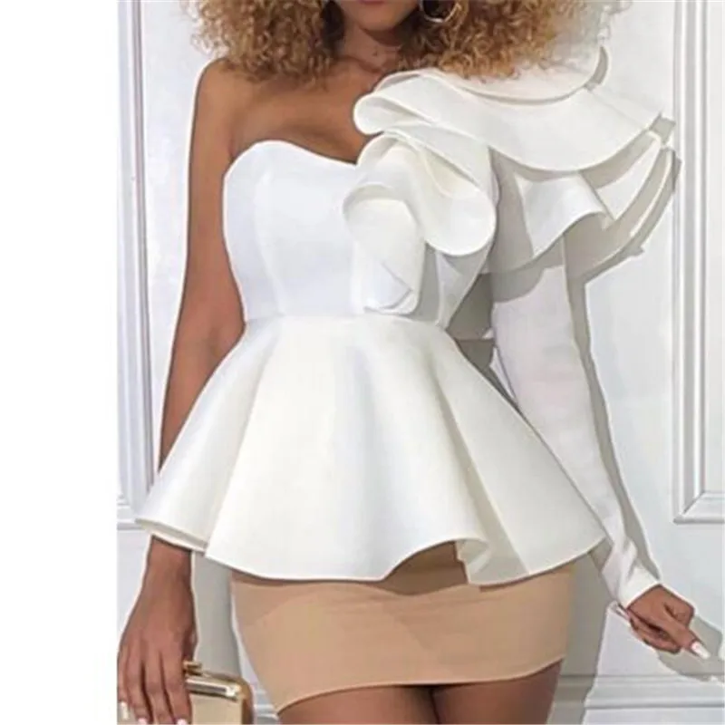 Женская блузка на Одно Плечо Топы пикантные Пеплум с оборками Тонкий вечерние