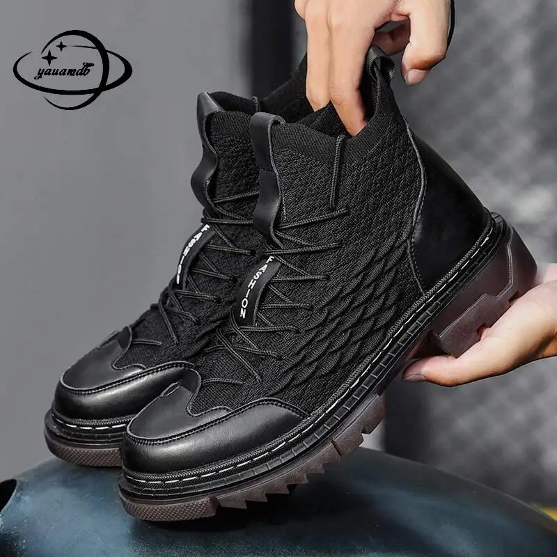 

Ботинки мужские осенне-зимние в байкерском стиле, до щиколотки 3 см, с круглым носком, на платформе, с плюшевой подкладкой, без шнуровки, 38-46, ...