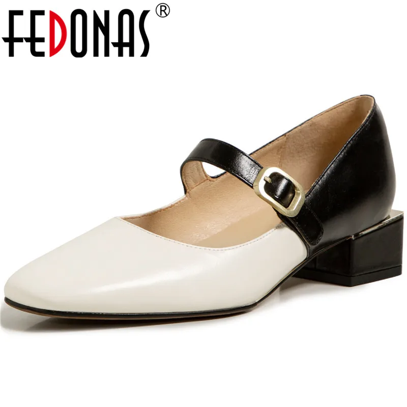 

FEDONAS Mary Janes Shoes For Women Metal Buckle Genuine Leather Shoes Woman Heels Fashion 2021 Office Lady Casual Women Pumps