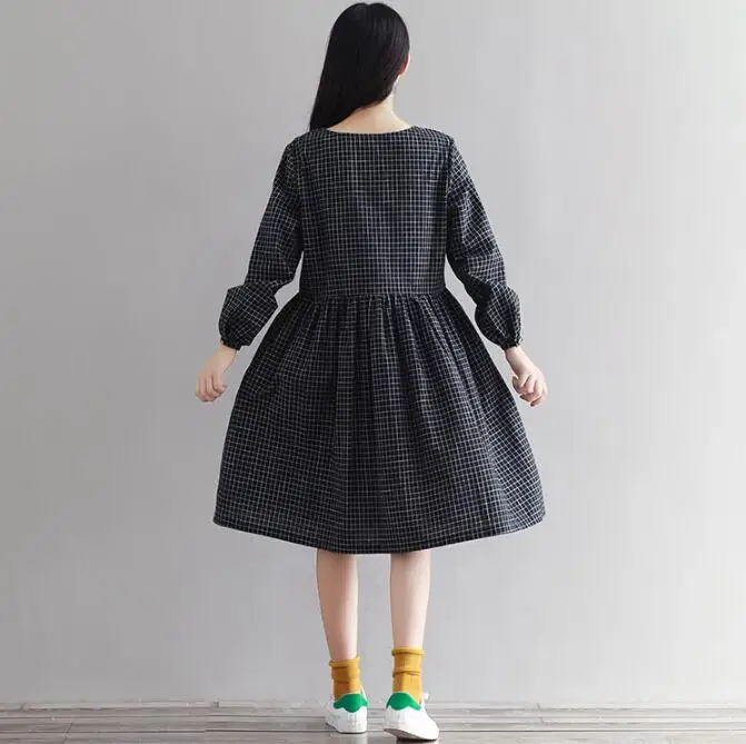 Preppy Cotton Linen Dress Spring Women Vintage Mori Black White Plaid Long Sleeve Pleated Bottom Vestido AW597 | Женская одежда