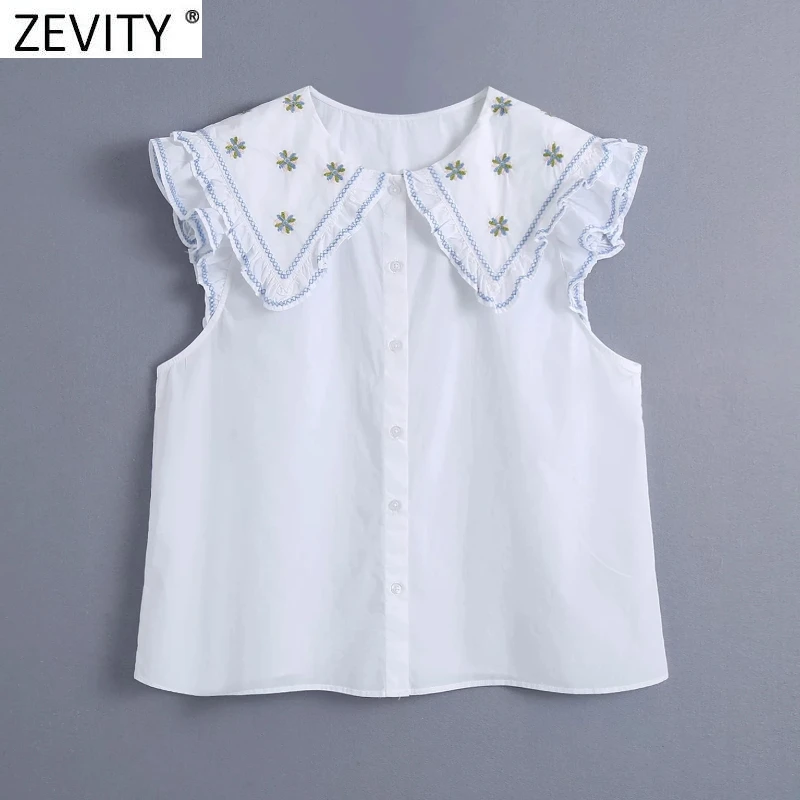 

Zevity Women Sweet Embroidery Peter Pan Collar White Poplin Shirt Female Sleevelss Ruffle Blouse Roupas Chic Chemise Tops LS9279