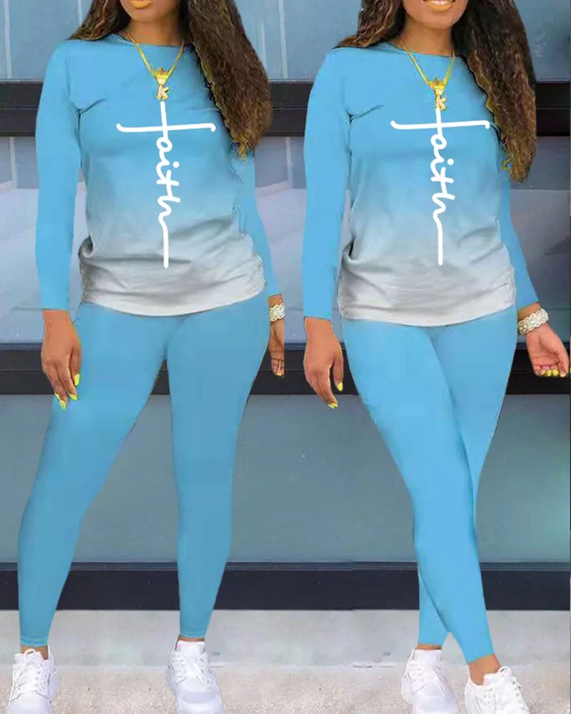 

Ombre Letter Pattern Long Sleeve Top & Pants Set
